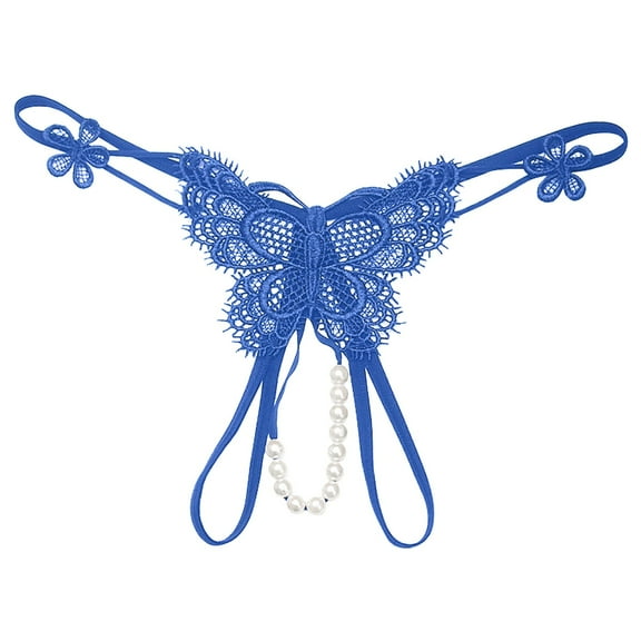 Women Embroidered Hollow Butterfly Sexy Low Waist Underpants Open Cut Pearl Massage Thong