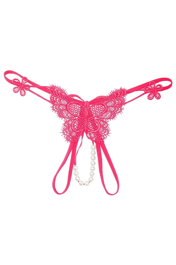 Women Embroidered Hollow Low Waist Underpants Open Cut Pearl Massage Thong for Women Panties Pink One Size