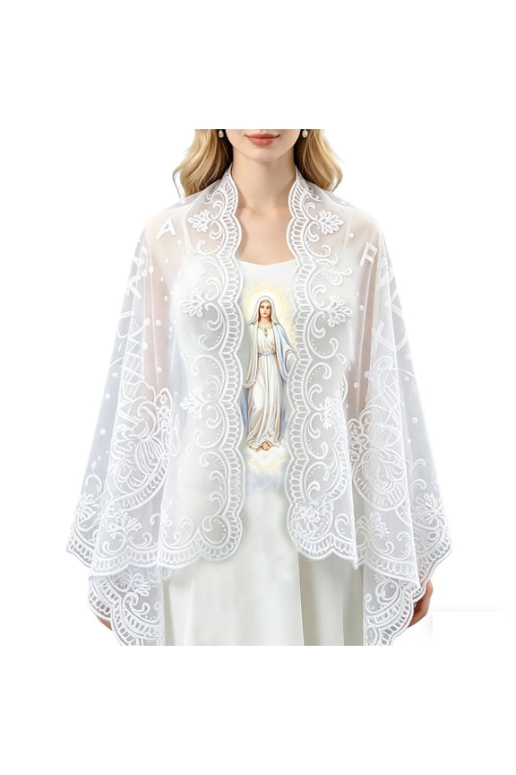 Women Embroidered Mary Pattern Mesh Triangle Head Scarf Shawl Wrap for Prayer Feast