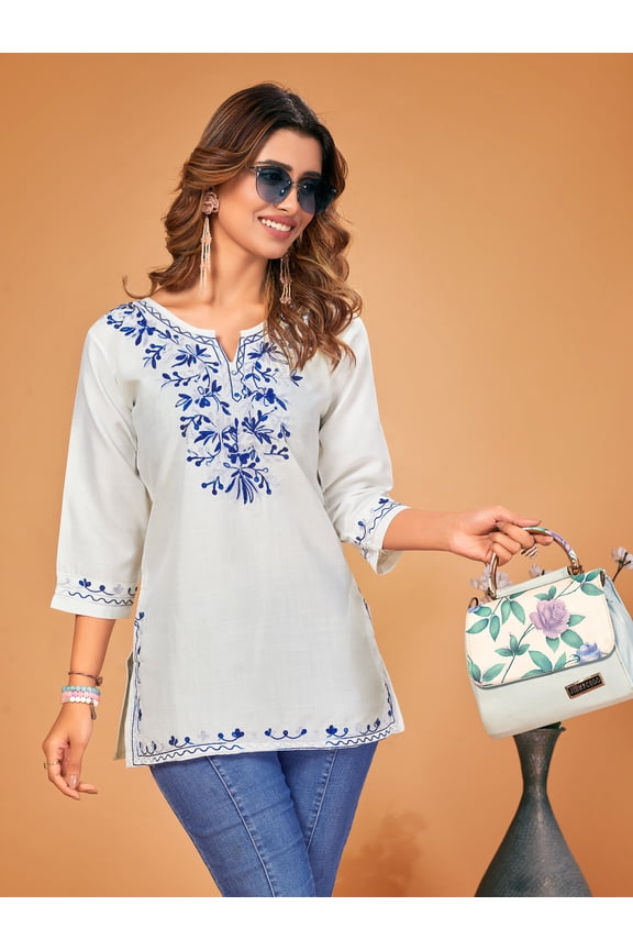 Women Embroidered Rayon Straight Kurta(SKY, White)