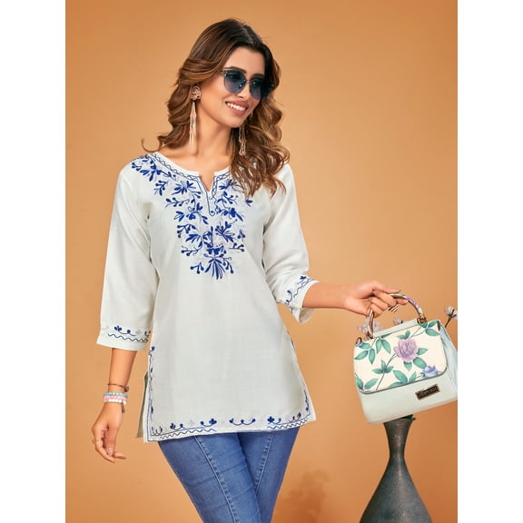 Women Embroidered Rayon Straight Kurta(SKY, White)