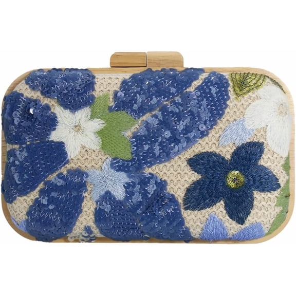 Women Embroidered Sequin Flower Evening Bag Glitter Beaded Handbag Straw Woven Clutch Purse with Chain for Party