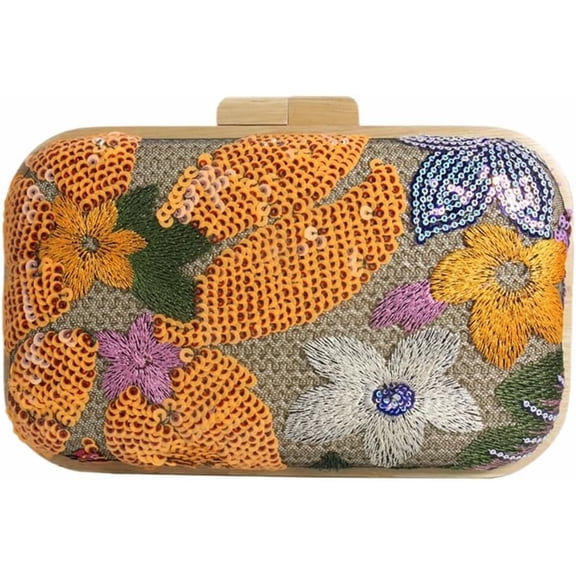 Women Embroidered Sequin Flower Evening Bag Glitter Beaded Handbag Straw Woven Clutch Purse with Chain for Party