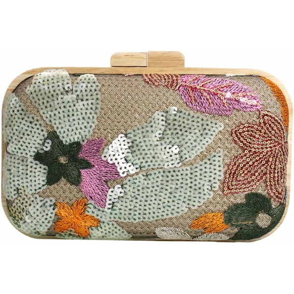 Women Embroidered Sequin Flower Evening Bag Glitter Beaded Handbag Straw Woven Clutch Purse with Chain for Party