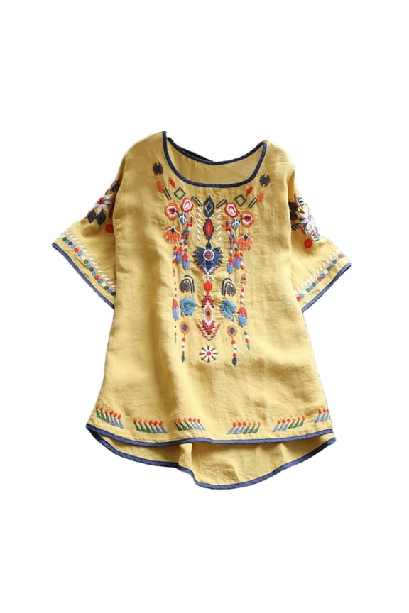 Women Embroidered Tops Cotton Linen Blouse Short Sleeve Boho Tunic Shirts Trendy Clothing