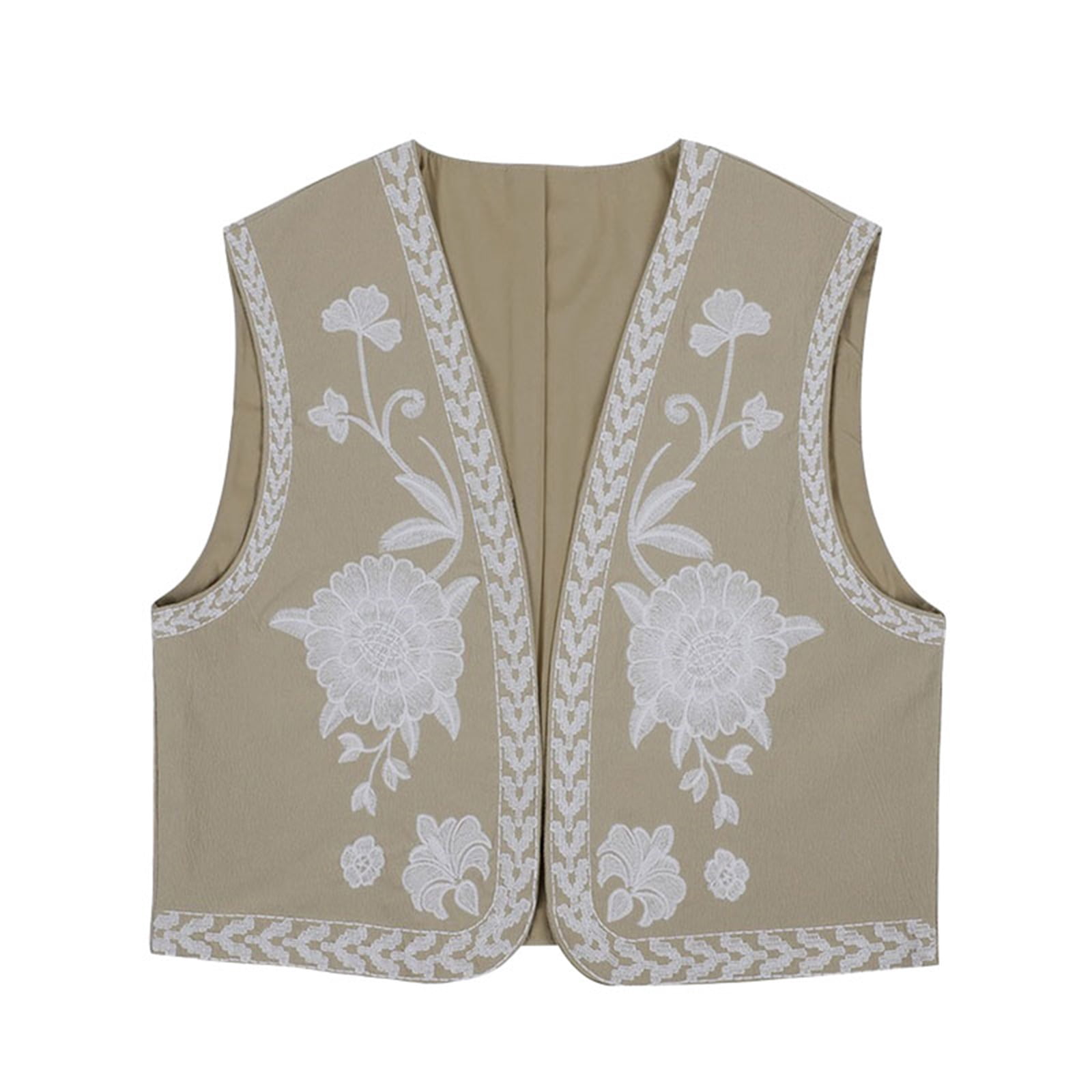 Women Embroidered Vest Floral Sleeveless Open Front Crop Top Boho