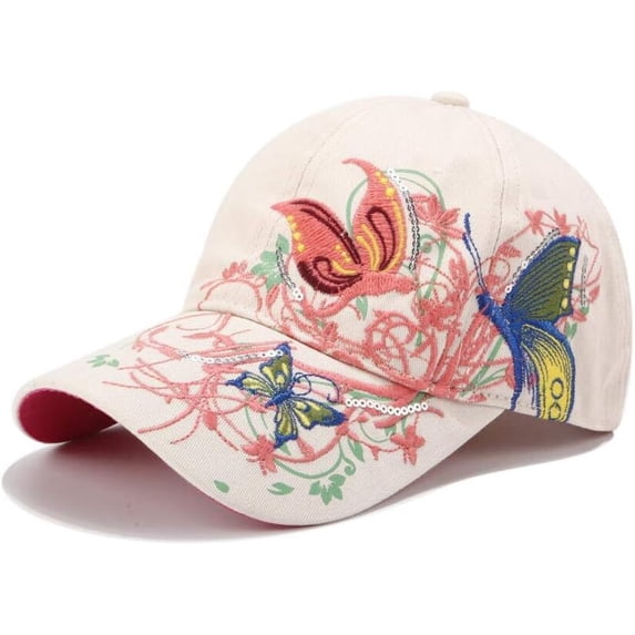 Women Embroidery Butterfly Baseball Cap Flower Print Bling Cap Sun Hat Adjustable