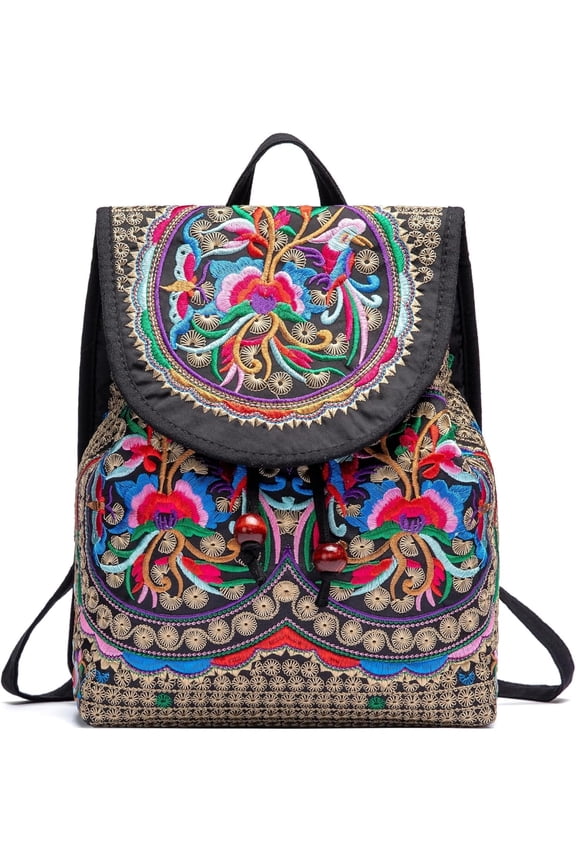 Women  Embroidery Ethnic- Backpack- Flower  Bag Purse,Fashion Handbag Small Drawstring Casual Travel Daypack (Embroidered Backpack)