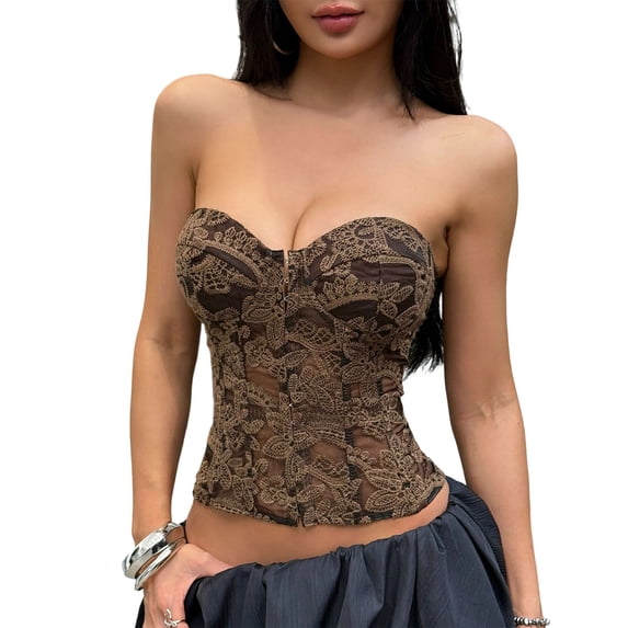 Women Embroidery Lace Strapless Corset Top, Back Lace Up Slimming Bustier Bodice Vintage Tube Corset Top For Daily Party Club