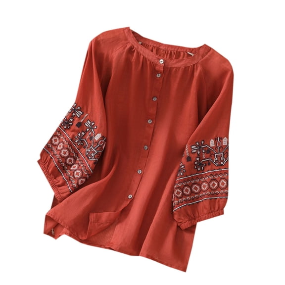 Women Embroidery Shirts Cotton and Linen Literary Retro Lantern Sleeve Button Loose Fit T Shirt Boho Cute Blouses