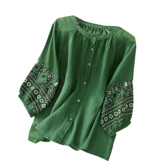 Women Embroidery Shirts Cotton and Linen Literary Retro Lantern Sleeve Button Loose Fit T Shirt Boho Cute Blouses