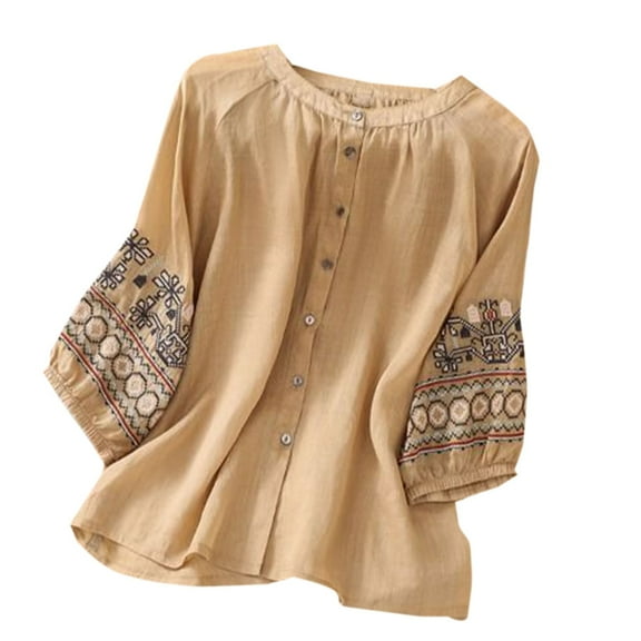 Women Embroidery Shirts Cotton and Linen Literary Retro Lantern Sleeve Button Loose Fit T Shirt Boho Cute Blouses