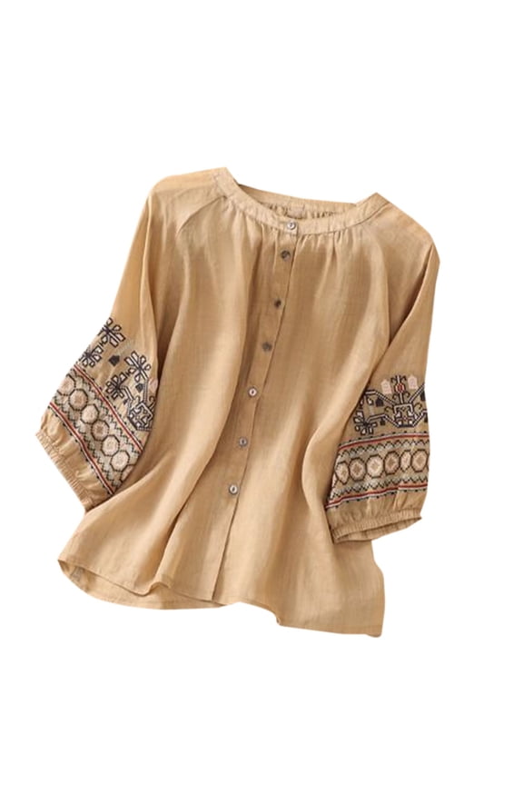 Women Embroidery Shirts Cotton and Linen Literary Retro Lantern Sleeve Button Loose Fit T Shirt Boho Cute Blouses