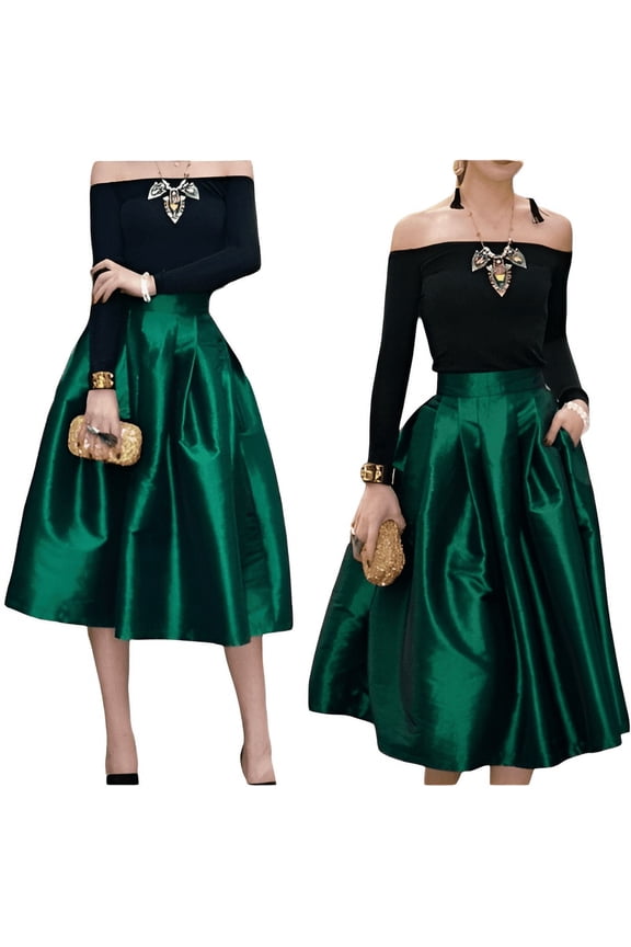 Women Emerald Green Knee-Length Pleated Skirt with One Pocket Handmade for Timeless Elegance