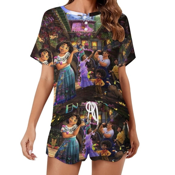 Women Encan-t Summer Pajamas Set Loungewear Sleepwear Short Sleeve Shirt with Shorts