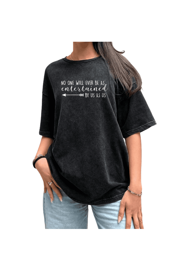 Women Entertained Us Graphic Cotton Crew Neck Washed Tee T Shirt Tops Black S-2XL Plus Size