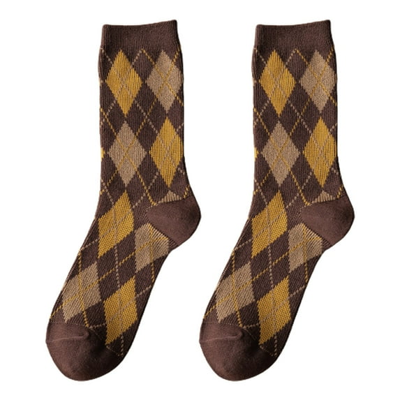 Women Ethnic Argyle Plaid Print Crew Socks Vintage College Preppy Style Hosiery