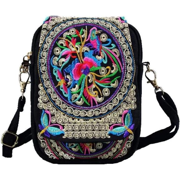 Women Ethnic Embroidered Handmade Mini Canvas body Shoulder Boho Travel Handbag Cell one Purse Wallet, Multicolor, 5.9 * 1.9 * 7.0 inch