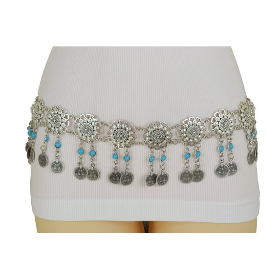 Women Ethnic Fashion Silver Metal Flower Chain Belt Turquoise Blue Beads Fit S M