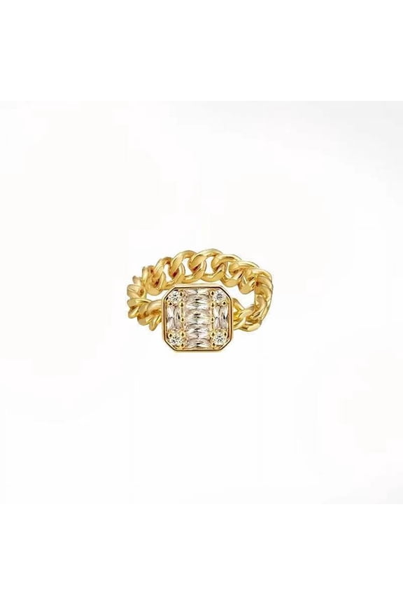 Women European Retro Chain Ring Emerald Brass Ring Golden Green Inlay Cartoon Style Jewelry Gift Idea Unique Accessory