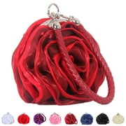 Women Evening Clutch Bag Floral Satin Purses with Detachable Strap for Wedding, Party, Prom (Dark red)