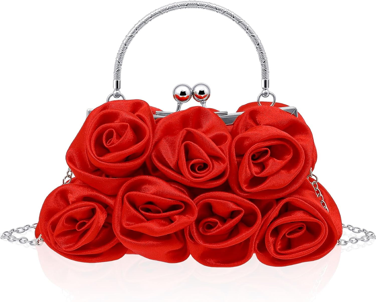 Women Evening Clutch Bag Rose Flower Floral Satin Small Purses with Detachable Strap for Wedding, Party, Prom