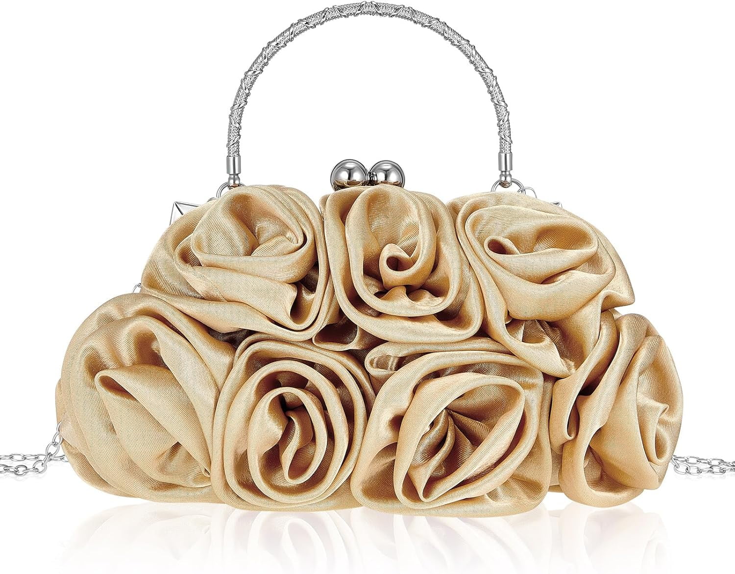 Women Evening Clutch Bag Rose Flower Floral Satin Small Purses with Detachable Strap for Wedding, Party, Prom