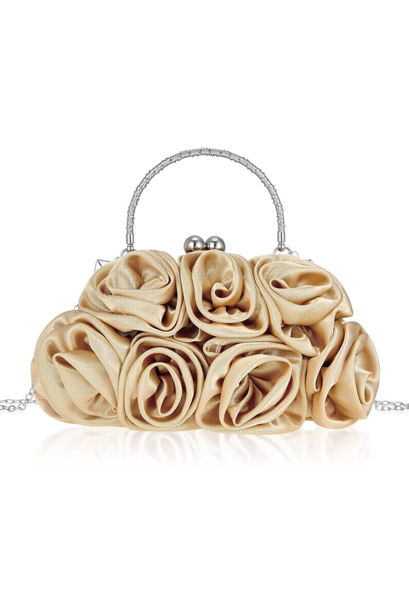 Women Evening Clutch Bag Rose Flower Floral Satin Small Purses with Detachable Strap for Wedding, Party, Prom