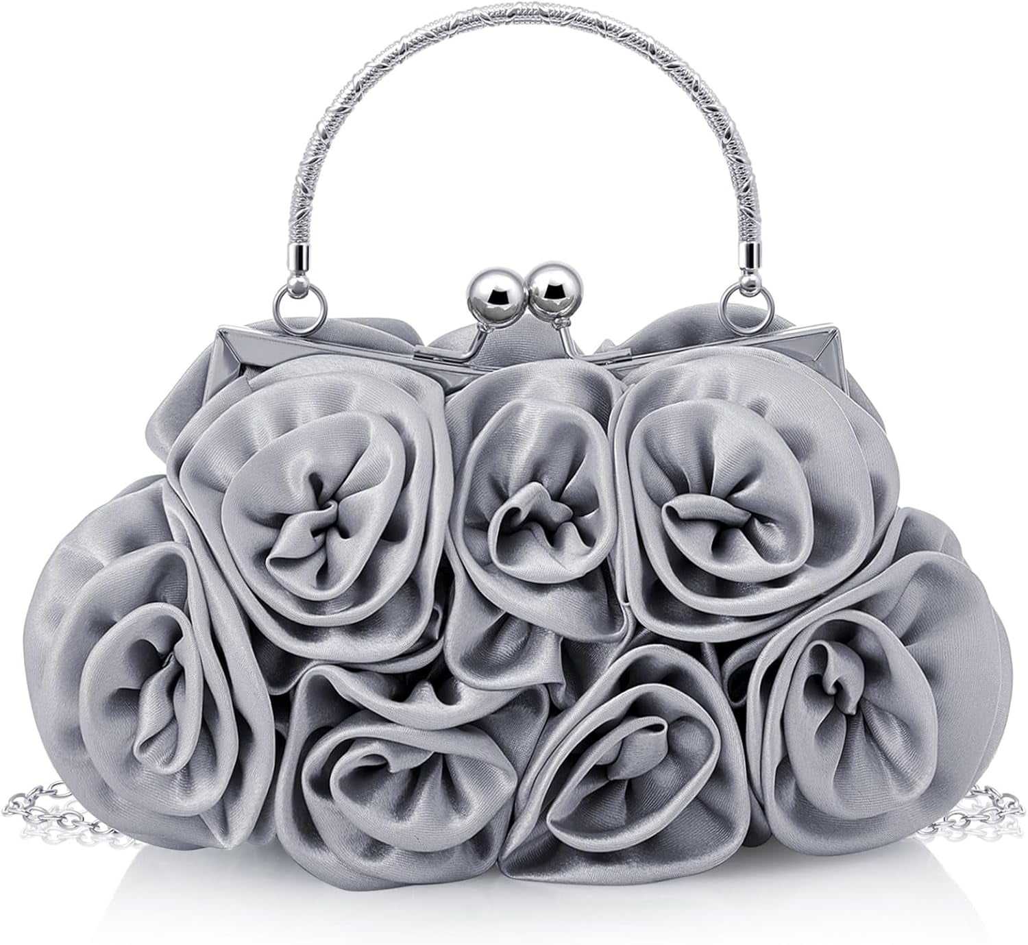Women Evening Clutch Bag Rose Flower Floral Satin Small Purses with Detachable Strap for Wedding, Party, Prom