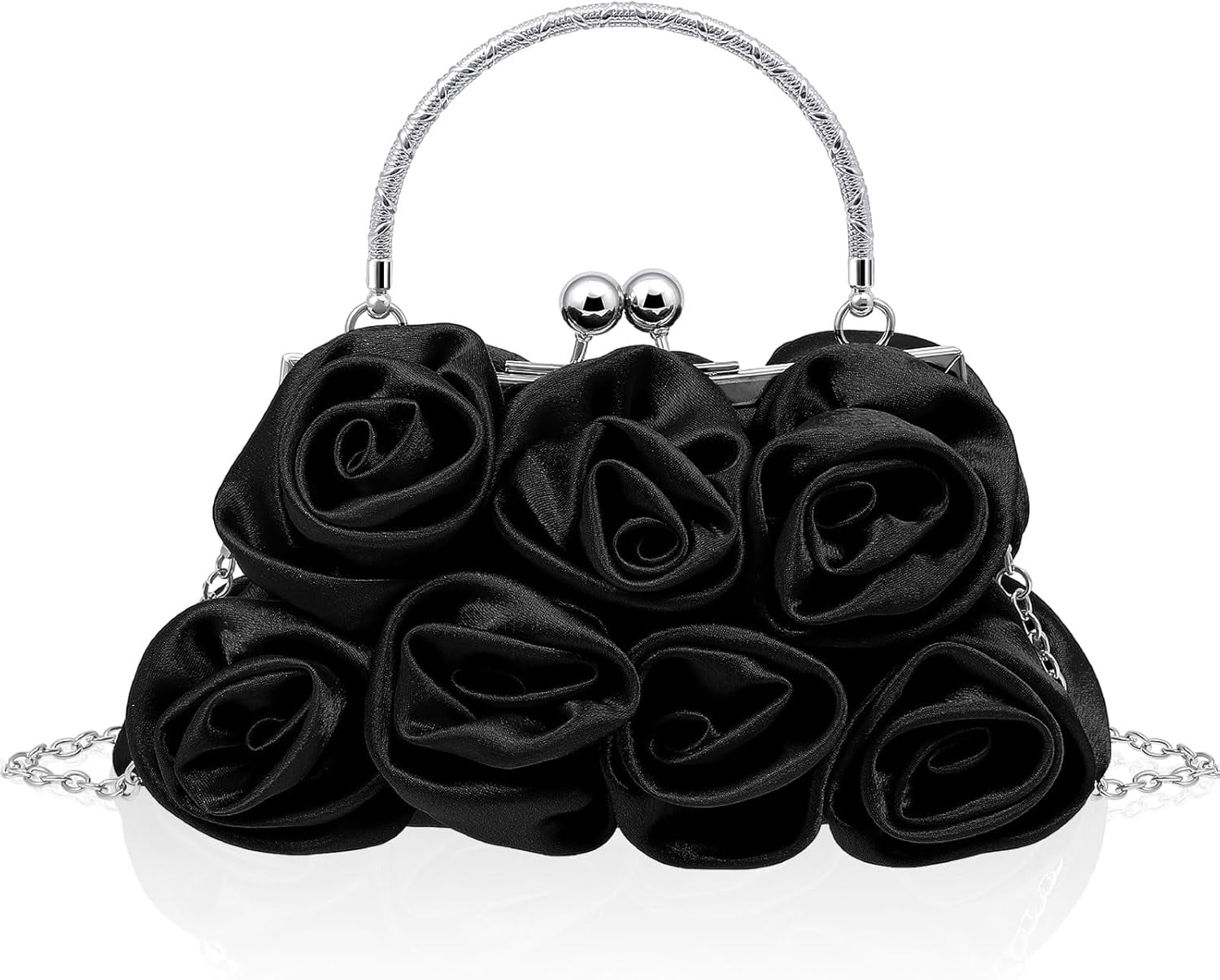 Women Evening Clutch Bag Rose Flower Floral Satin Small Purses with Detachable Strap for Wedding, Party, Prom