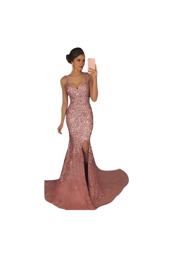 Women Evening Dress Deep V Neck Split Hem Sequin Skinny Fishtail Hem Back Zipper Closure Sleeveless Prom Cocktail Party Dress Floor Length Ball Gown