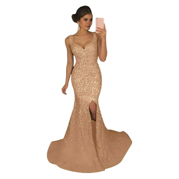 Women Evening Dress Deep V Neck Split Hem Sequin Skinny Fishtail Hem Back Zipper Closure Sleeveless Prom Cocktail Party Dress Floor Length Ball Gown