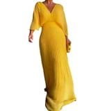 Women Evening Dress Dolman Sleeves Pleated V Neck Pure Color High Slim ...
