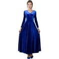thumbnail image 1 of Women Evening Dress Golden Velvet V Neck Pleated A-line Pure Color Long Sleeves Full Length Dress High Waist Prom Party Maxi Dress, 1 of 7