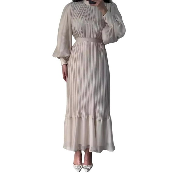 Women Evening Dress Pleated A-line Long Lantern Sleeves Pleated See-through Mesh Stand Collar Tight Waist Ruffle Patchwork Maxi Dress