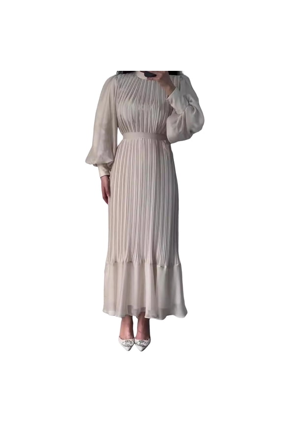 Women Evening Dress Pleated A-line Long Lantern Sleeves Pleated See-through Mesh Stand Collar Tight Waist Ruffle Patchwork Maxi Dress