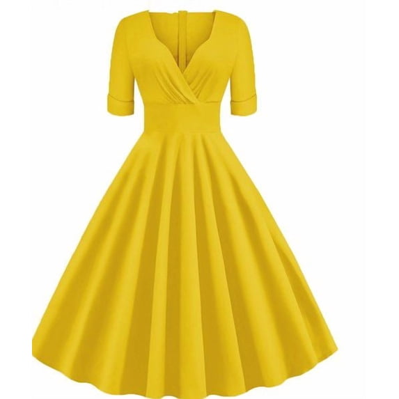 Women Evening Party Dress, Women's Short Sleeve V-Neck Solid Color Retro High Waist Makings Dress Black XL"