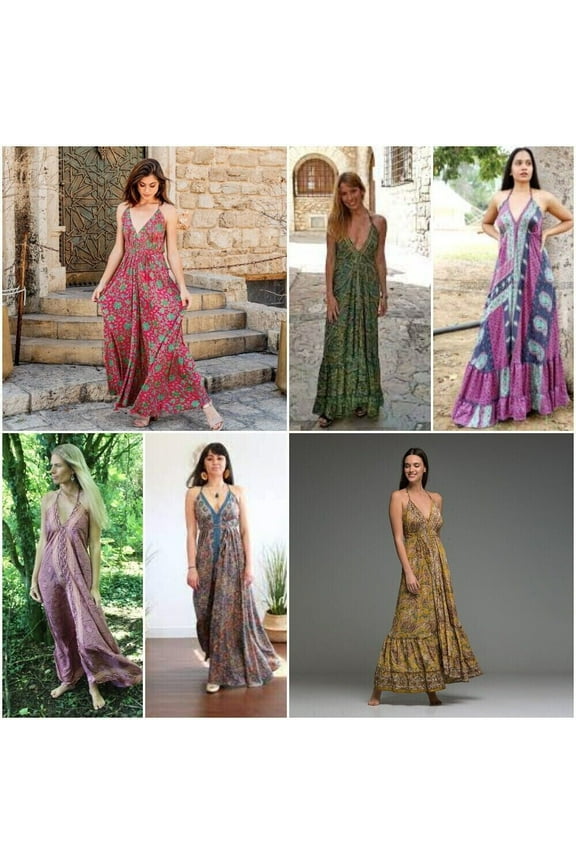 Women Evening Summer Dress Indian Sari Silk Long Maxi Bohemian Magic Dress(2 PC)