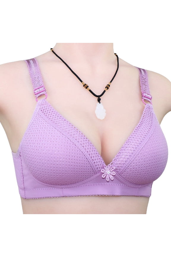 Women Everyday Bra Daily No Underwire Comfy Front Hollow-Out Padded T-Shirt Bralette V-Neck Supportive Push-Up Brasier, Purple, 34