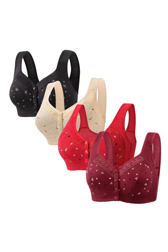 Women Everyday Bras 5 Pcs Cozy Wireless Full Coverage Front Button Bra Push Up Daisy Bralettes for Old Ladies