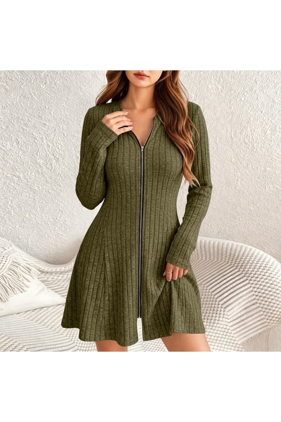 Women Everyday Zip Up Midi Gown Solid Color Long Sleeve Casual Dress for Women Front Zipper Design Breathable Soft Fabric Versatile Outfit for Shopping Relax Daily Occasions Green M