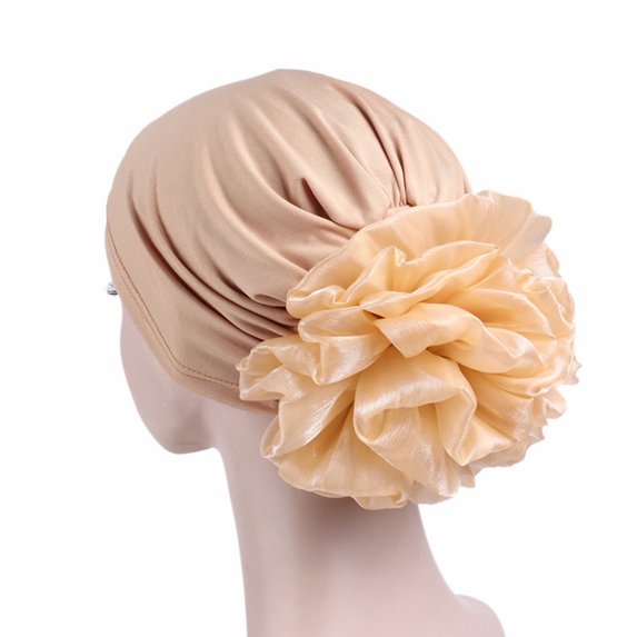 Women Exaggerated Flower Decor Turban Hat Solid Color Elastic Bonnet Beanie Hat Soft Breathable Pullover Hat Streetwear