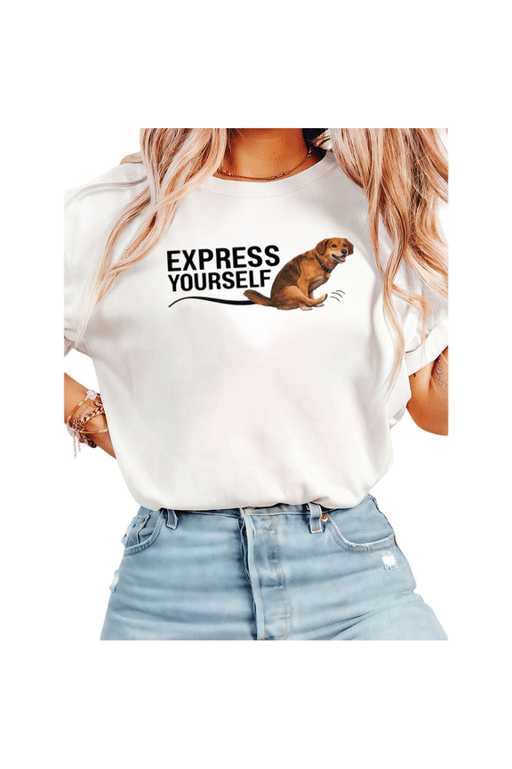 Women Express Yourself Dog Tail Graphic Tees T Shirt Tops Round Neck Cotton T Shirt White S-5XL