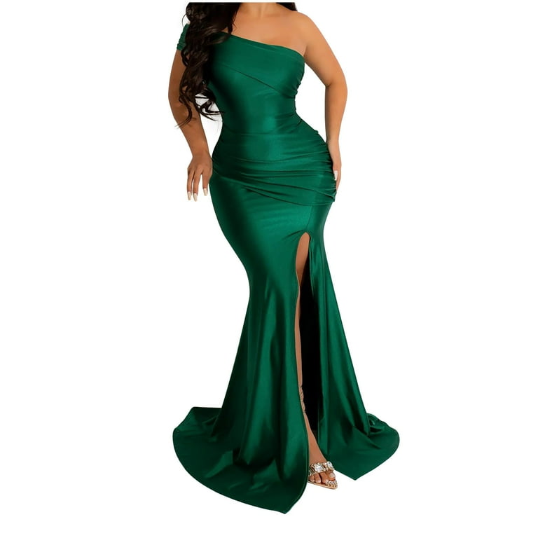 Women Extra Long Slit Dress One Shoulder Sleeve Stylish Party Dresses with Side Slit Bodycon Wrap Maxi Dresses Elegant Summer Long Dresses Small