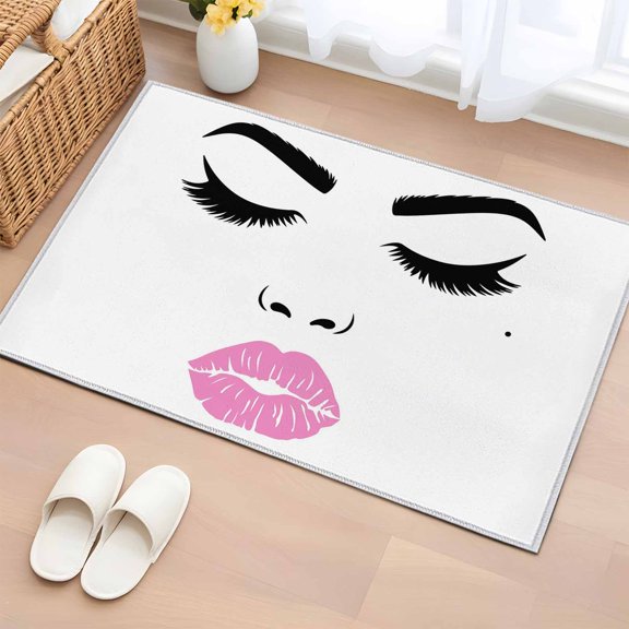 Women Eyebrows Lip 2'x3' Rug for Entryway Front Door Kitchen Sink Area, Abstract Modern Face Low Pile Non Slip Rectangle Area Rug, Machine Washable Indoor Outdoor Mat
