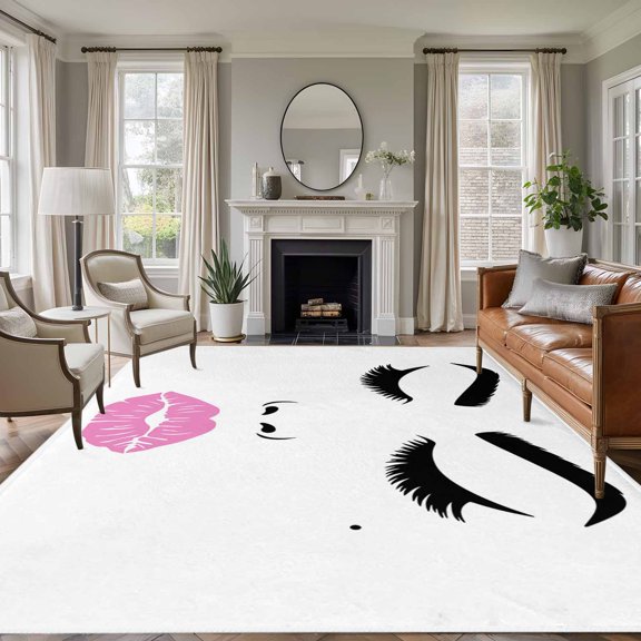 Women Eyebrows Lip 8'x10' Large Area Rug for Living Room Sectional Sofa, Abstract Modern Face Non Slip Low Pile Rectangle Area Rug, Machine Washable Indoor Outdoor Mat