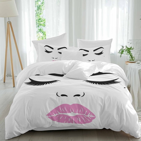 Women Eyebrows Lip Queen Size Comforter Set, Abstract Modern Face Bedding for All Seasons, 4 Pcs Bed Set, 1Quiltcover (90"x92") ,1Sheet(94"x116"), 2Pillowcases (30"x20")