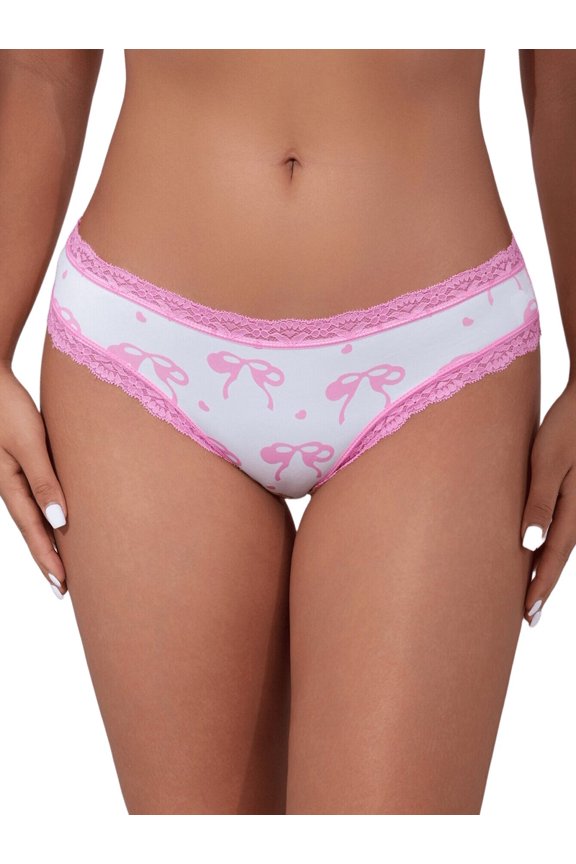 Women Eyelash Lace Trim Low Rise Cheeky Bikini Panties Bowknot M