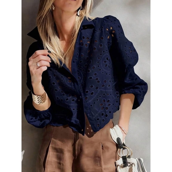 Women Eyelet Embroidered Shirt Puff Long Sleeve Button Front Vacation Casual Top