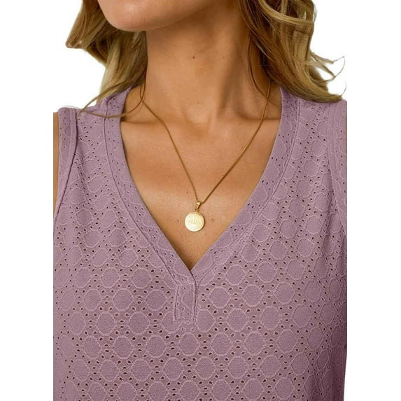 Women Eyelet Embroidery V Neck Beach Vacation Fashion Boho Sleeveless Tank Top Pale Pinkish Gray XXL